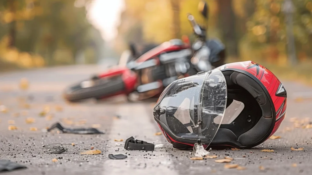 A red motorcycle helmet lies on the road beside an overturned motorcycle, surrounded by scattered debris and fallen leaves.