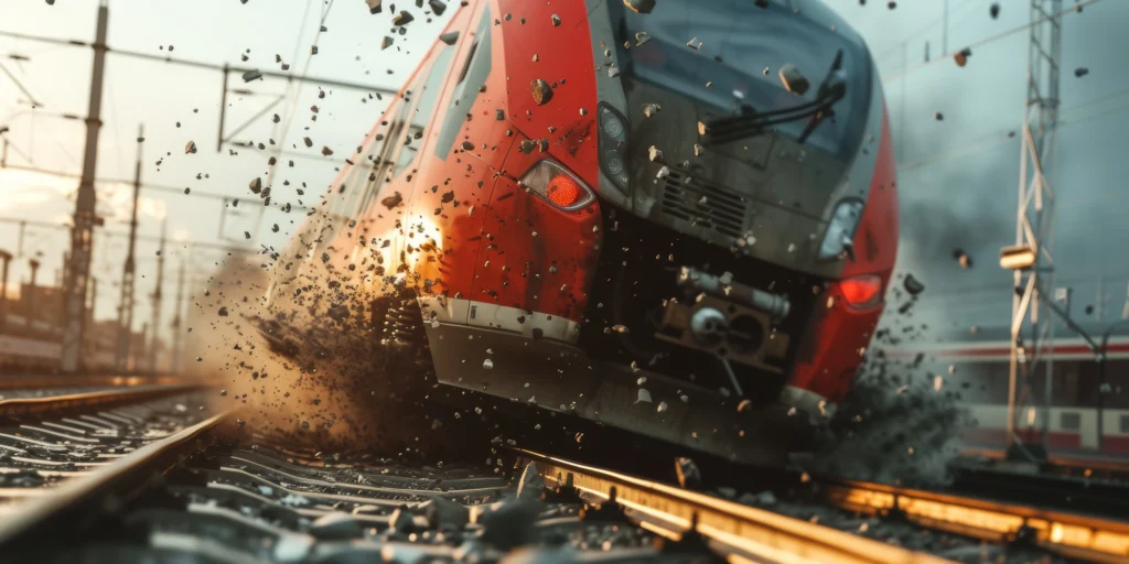 A red train derails, kicking up dust and debris on the tracks, surrounded by dramatic lighting and blurred background elements.
