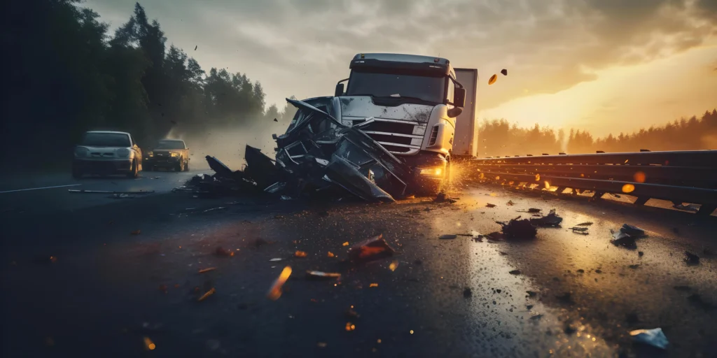 A wrecked truck on the highway, debris scattered around, as cars cautiously navigate the scene during a dramatic sunset.