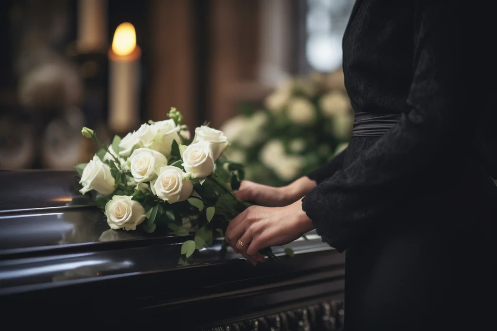 A woman in black gently rests her hands on a coffin, adorned with a bouquet of white roses, in a somber setting.