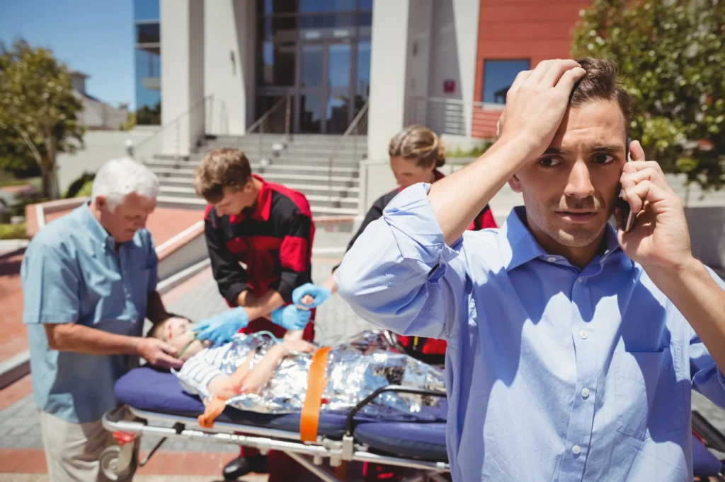 Emergency responders assist an injured child on a stretcher as concerned individuals look on outside a modern building.