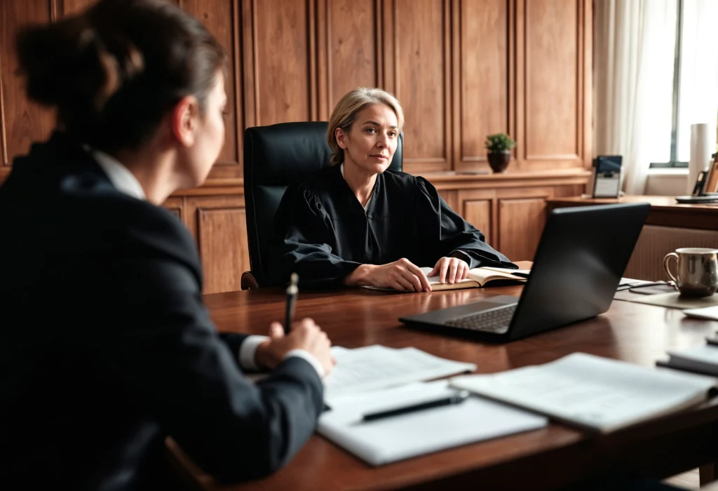A judge in a black robe sits at a desk with a laptop, discussing legal matters with a lawyer in formal attire. Wooden paneling surrounds them.
